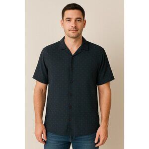 TOPMAN Casual Button Down Shirt – Navy with Red Dots – XXL – 100% Rayon
